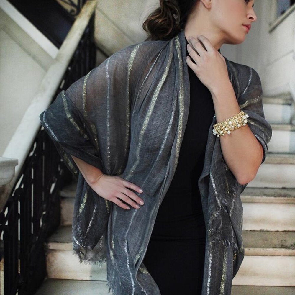 SAACHI Artist Handcrafted Dark Grey Sparkle SCARF Metallic Gold, Silver Stripes